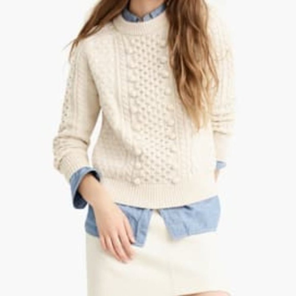 J. Crew Women's Small Lambswool Popcorn Pom Cable-knit Fisherman Sweater HTF - Picture 1 of 16